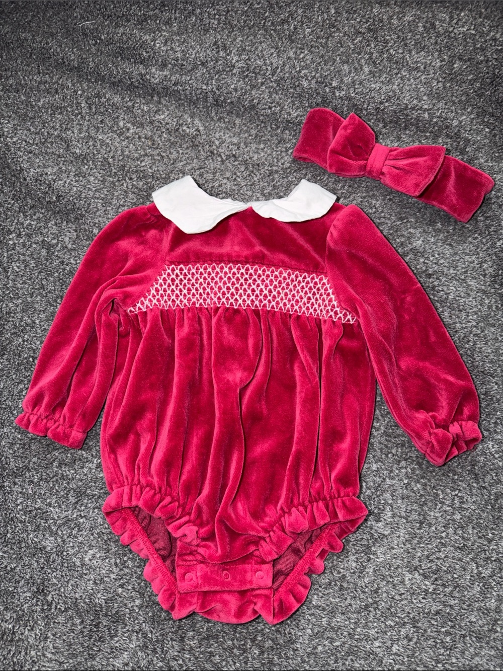 Little Me Velvet Smocked One-Piece in Berry Pink with White Collar